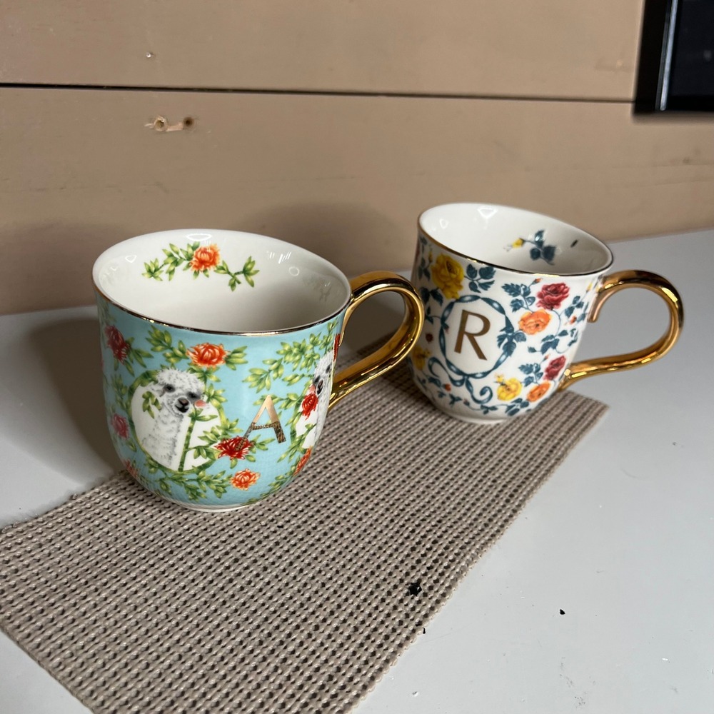 Anthropologie Lou Rota Monogram Mugs Set of 2 Alpaca A and Floral R Gold Handle
